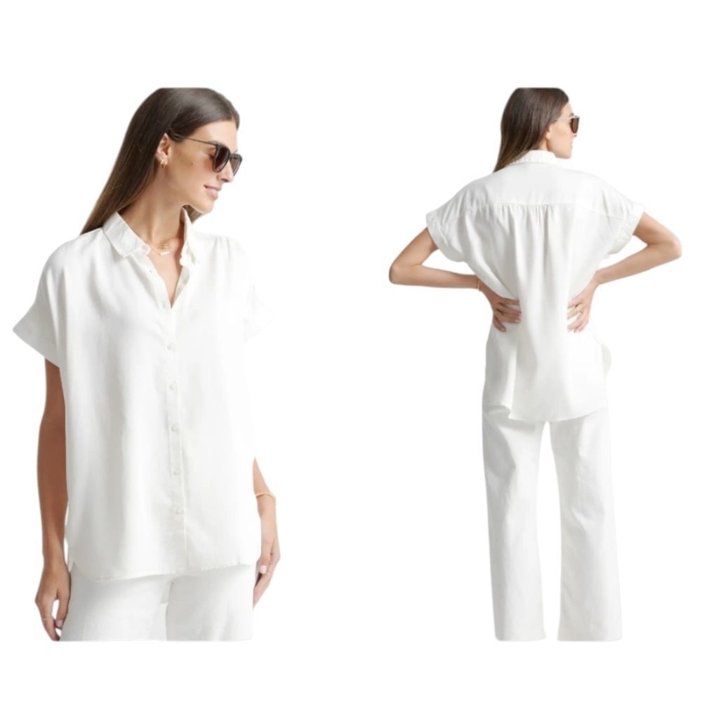 NWT Quince Camp Shirt White Vintage Wash Tencel Short Sleeve Buttondown S